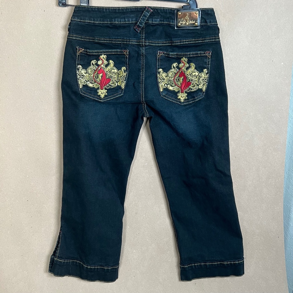 Low Rise Vintage Baby Phat ESTILO Stretch Flare Capri Crystal Cat Pockets Size 9